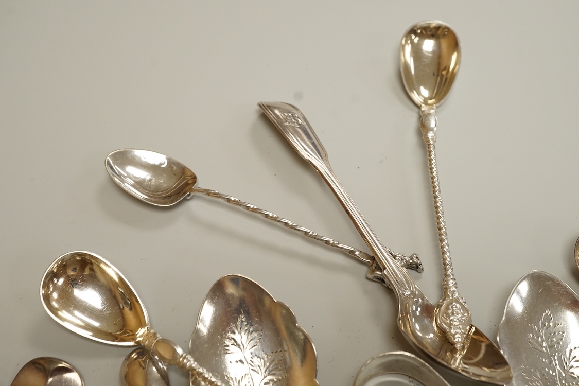 A small collection of assorted mainly 19th century silver flatware, including teaspoons, dessert forks, condiment spoons, serving spoon, etc. various dates and makers, 21.6oz.